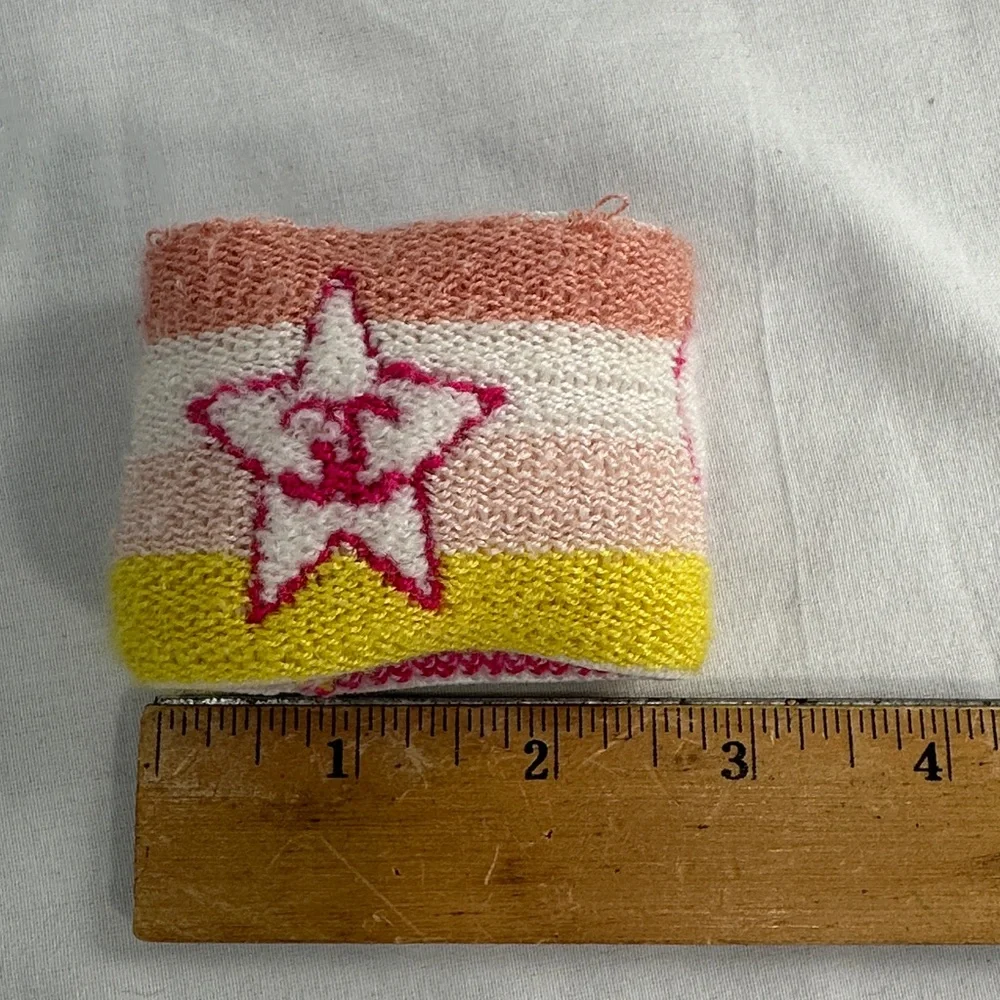 CHANEL Pink White Yellow Striped Knit Wrist Cuff with CC Heart Logo